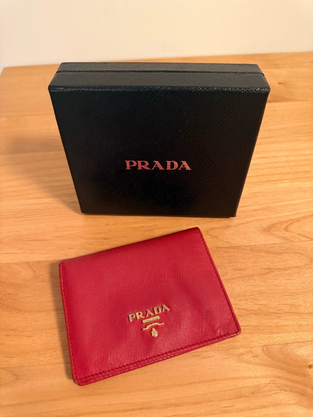 Prada Red Saffiano Leather Compact Wallet Card Holder with Gold Logo with Box - Picture 1 of 16